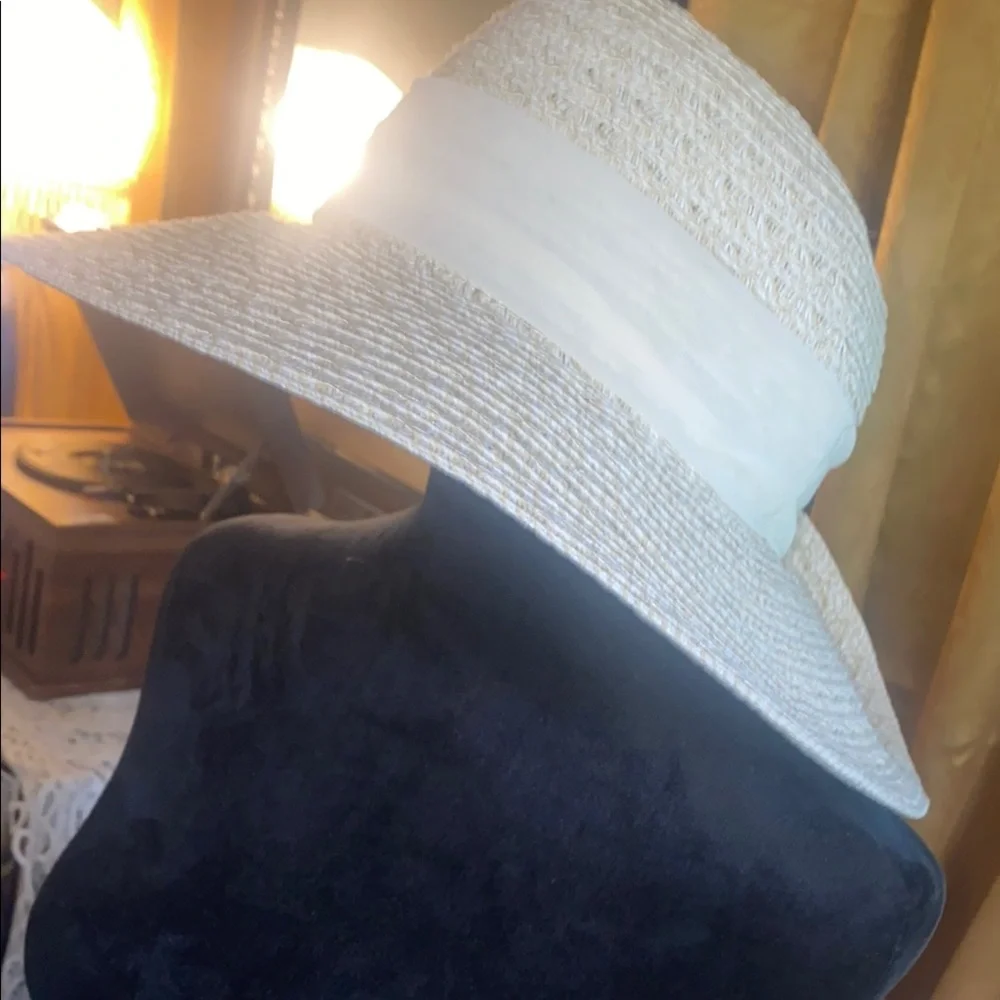 *Nine West- Elegant Cream Wide-Brimmed Hat - grommet & scarf detail